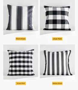 Detailed grid showing four geometric patterns of black and white plaid throw pillow covers