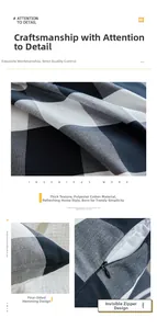 Detail of polyester-cotton plaid pillowcase showing hidden zipper and overlock stitching