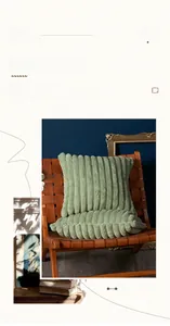 Detail of light green plush pillow with wide striped texture and invisible zipper