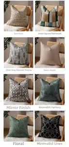 Detail view of eight luxury geometric cushion covers with jacquard textures and gold accents