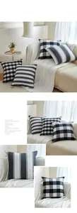 Detailed view of monochrome checkered and striped cushion covers in Nordic minimalist style