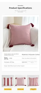 Macro detail of red and white striped polyester cotton pillow covers with tassel edges