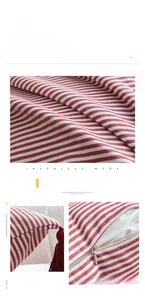 Detail of red and white striped cushion cover featuring tassels and invisible zipper