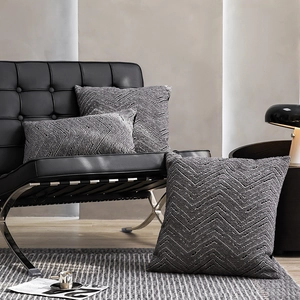 Modern grey chenille throw pillow covers with textured wave geometric patterns in three sizes