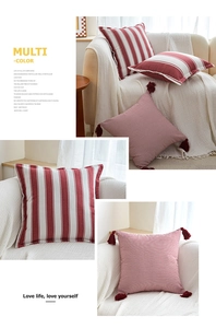 Detail of red and white striped throw pillow with decorative corner tassels on sofa