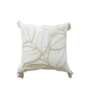 Minimalist cream tufted leaf throw pillow with fringe tassels and hidden zipper