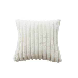 Thick soft cream plush square pillow with striped faux fur texture for sofa decor