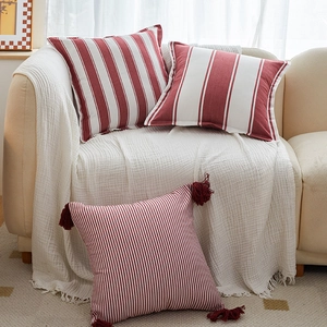 Modern Red And White Striped Polyester Cotton Pillowcase Decorative Tassel Edged Square Cushion Cover For Sofa Living Room Home Decor