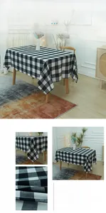 Close-up of waterproof black and white plaid tablecloth with oil-resistant fabric texture