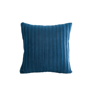 Navy blue velvet throw pillow cover with vertical striped pleats and hidden zipper