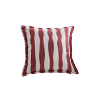 Square red and white vertical striped cotton throw pillow with fringed edges and piping