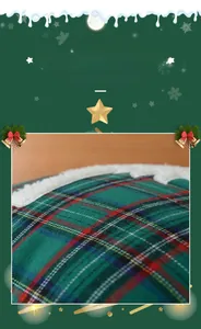 Close-up of Christmas green plaid fabric with white faux shearling trim for cushion