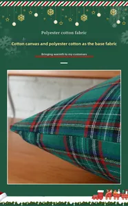 Detail of Christmas green plaid cushion cover with high-quality embroidery and neat stitching