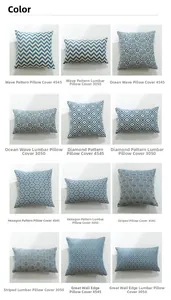 Vue en grille de housses de coussin jacquard géométriques en coton bleu et beige