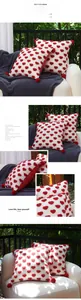 Detail der roten Plüsch-Herz-Kissenbezüge mit dekorativen Pompons auf einem Sofa