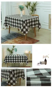 Macro detail of coffee white checkered tablecloth with heavy cotton linen texture