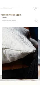 Detail of jacquard cotton pillowcase featuring hidden zipper and black fringe tassels