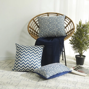 Blau Weiß Geometrischer Jacquard Kissenbezug Polyester Baumwolle Kissenhülle Chinesischer Stil Porzellan Muster Sofa Kissen