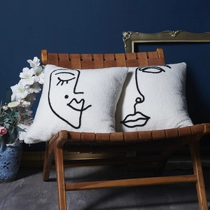 Nordic Minimalist Teddy Samt Abstraktes Gesicht Linienkunst Bestickte Kissenhülle Quadratischer Deko Kissenbezug Für Sofa