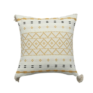 Bohemian style square cotton canvas pillow cover with geometric jacquard and tassels