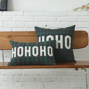 Christmas tartan plaid pillow set with white HOHOHO plush applique and festive embroidery