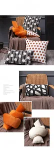 Detailed view of Nordic textured throw pillows including knot ball and geometric patterns