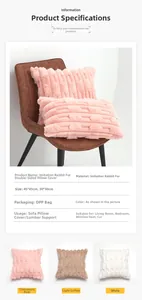 Detail guide for faux rabbit fur pillow cases with dimensions and color options displayed