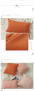 Detail of orange plaid and striped cotton pillowcases with thick woven texture