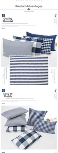 Detailed macro view of denim blue striped and checkered cushion covers with woven texture