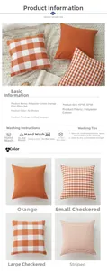 Macro detail of orange polyester-cotton pillowcases with plaid and striped textures