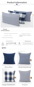 Detailed view of navy blue polyester-cotton jacquard plaid pillowcase specifications