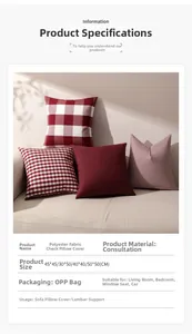 Detail view of red and white checkered pillow covers in various sizes for sofa decor