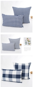 Detailed blue and white gingham, striped, and buffalo check pillow covers shown in macro view