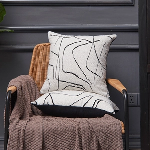 Nordic white bouclé throw pillow covers with black geometric lines for sofa decor