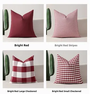 Red plaid and striped square throw pillow covers in four patterns for sofa decor