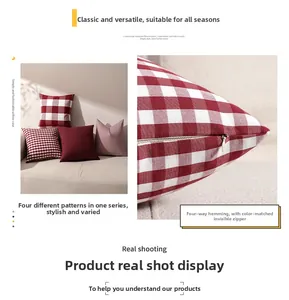 Detail of red flannel cushion cover showing invisible zipper and reinforced stitching