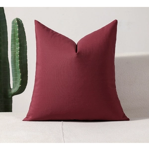 Detail of burgundy textured square pillow case on beige sofa with green cactus decor