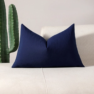 Navy blue rectangular lumbar pillow cover on sofa with aesthetic cactus decor