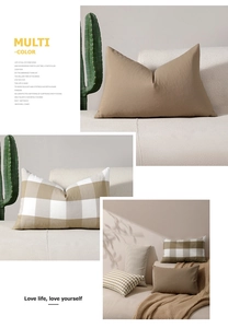 Detail of neutral khaki plaid and striped cushion covers with woven linen texture