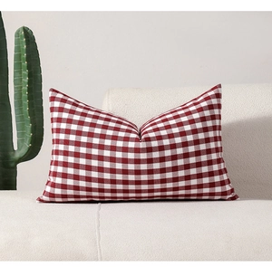 Detail of red and white checkered pillowcase on a sofa with green plant background