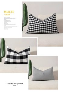 Detail of minimalist black and white plaid and striped decorative cushion covers on a sofa