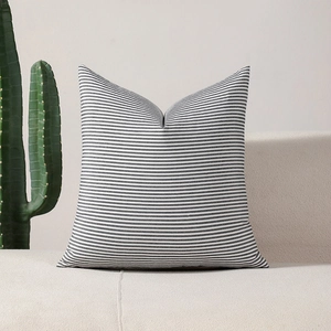 Modern black and white striped pillow cover on a cozy sofa with green cactus background