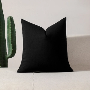 Solid black minimalist throw pillow cover on white sofa with cactus decor background
