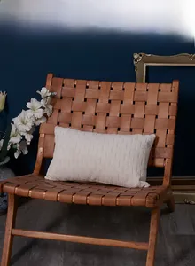 Detail showing 3D leaf texture on cream chenille lumbar pillow cover for sofa