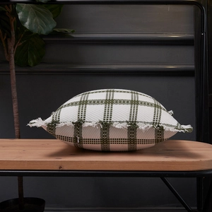 Modern wit en groen geruit sierkussen met franjes op een houten bankje