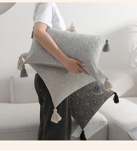 Detail of woven geometric cushion covers with decorative corner tassels on fabric sofa