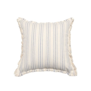 Striped cotton-polyester square pillowcase with blue stripes and tassel fringe edges