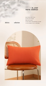Detail view of orange cotton Halloween pillow on vintage leather rattan chair decor
