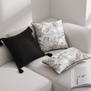 Housse de Coussin Vintage en Polyester Coton de Luxe Français Imprimé de Feuilles Tropicales Housse de Coussin Décorative avec Glands pour Canapé Chambre Salon