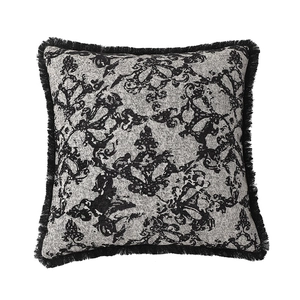 Vintage jacquard throw pillow cover with black fringe trim in charcoal damask pattern